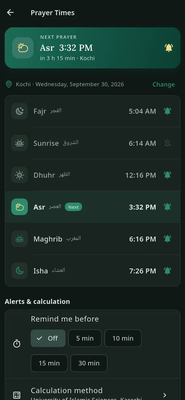 Today's prayer times with the next prayer highlighted